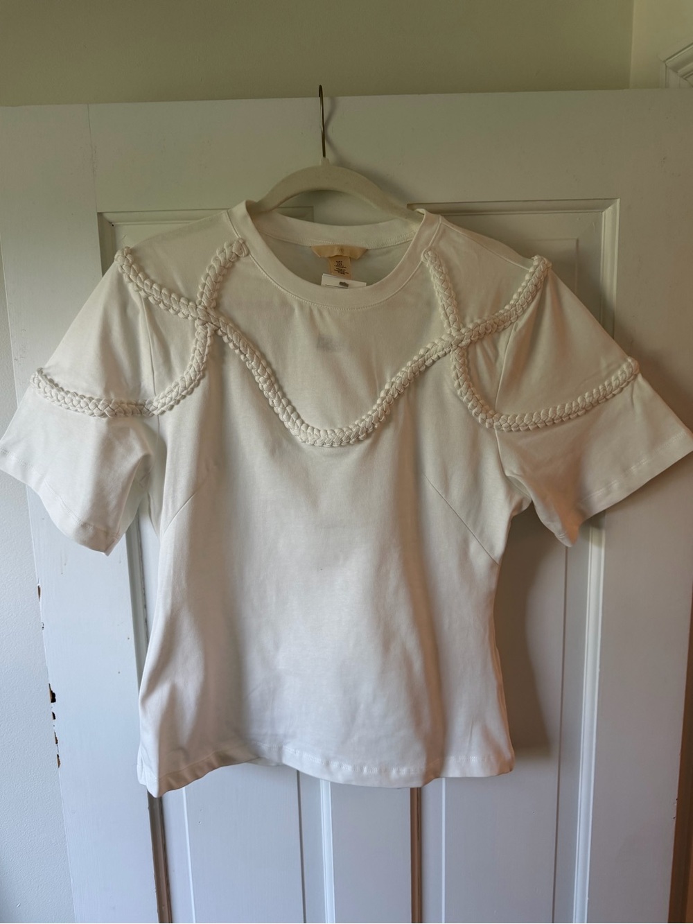 H&M White Studio Collection Short-Sleeve Tee with Braided Trim